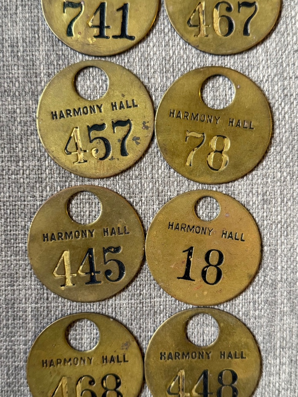 Vintage Brass tags from “Harmony Hall”